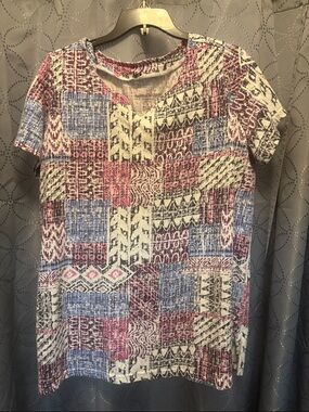 Woman Within Patchwork-Print Short Sleeve Tee in Pink, Blue & Cream